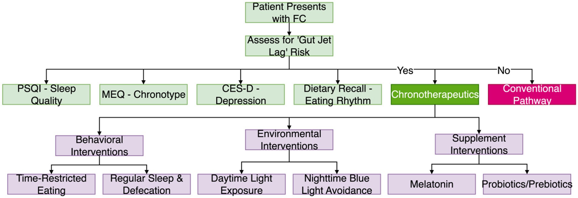 Flowchart showing assessment and intervention for 'Gut Jet Lag' risk. Starts with patient presenting with FC. Assessment involves PSQI, MEQ, CES-D, and dietary recall. If at risk, chronotherapeutics are applied. Interventions include behavioral (time-restricted eating, regular sleep), environmental (daytime light exposure, blue light avoidance), and supplements (melatonin, probiotics). If no risk, follows conventional pathway.