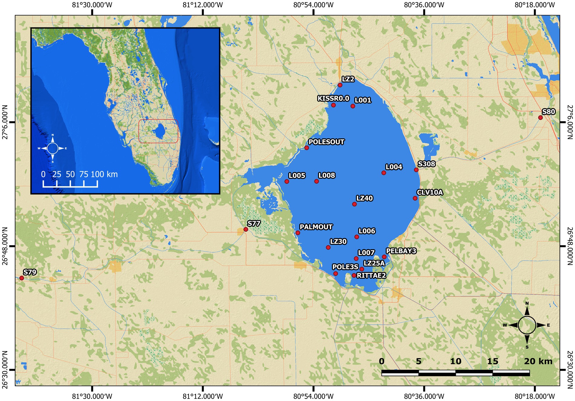 Map of Lake Okeechobee, Florida, with labeled sample points marked in red, such as KISSRO.0, L001, and L006. Includes geographical coordinates and scale bars. Inset map shows the location of Lake Okeechobee within Florida.
