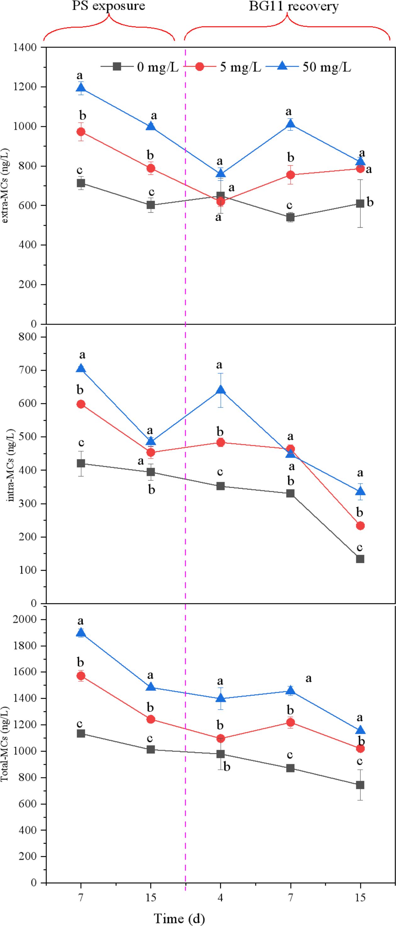 Line graphs depicting changes in extra-MC, intra-MC, and total-MC concentrations over time, measured in nanograms per liter (ng/L), under different conditions labeled 0 mg/L, 5 mg/L, and 50 mg/L. The timeline is split into two phases: PS exposure and BG11 recovery, marked by a vertical dashed line at day fifteen. Data points are differentiated by shapes and colors: black squares for 0 mg/L, red circles for 5 mg/L, and blue triangles for 50 mg/L. Statistical significance is indicated by letters “a,” “b,” and “c”.
