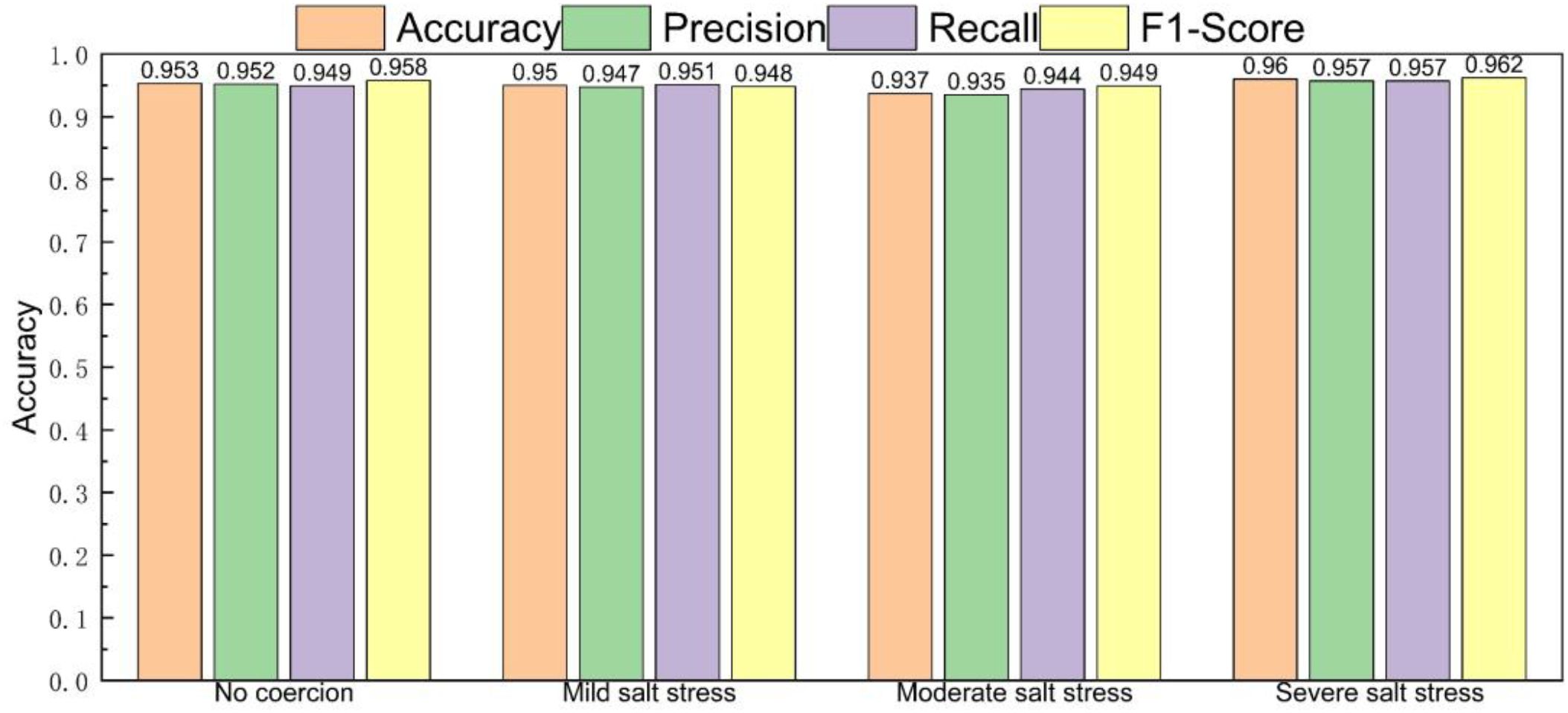 Bar chart comparing accuracy, precision, recall, and F1-score under different salt stress conditions: no coercion, mild, moderate, and severe. Accuracy ranges from 0.937 to 0.96, precision from 0.935 to 0.957, recall from 0.944 to 0.957, and F1-score from 0.948 to 0.962. Each metric is color-coded.