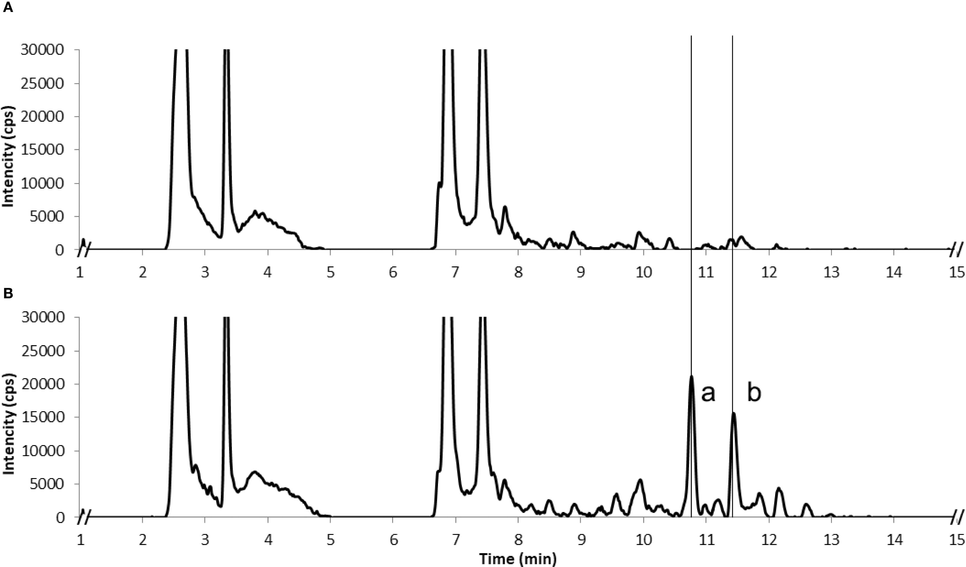 Two chromatograms labeled A and B plot intensity in counts per second versus time in minutes. Both chromatograms display peaks at similar times, and with additional peaks in B labeled “a” and “b” near 11 minutes.