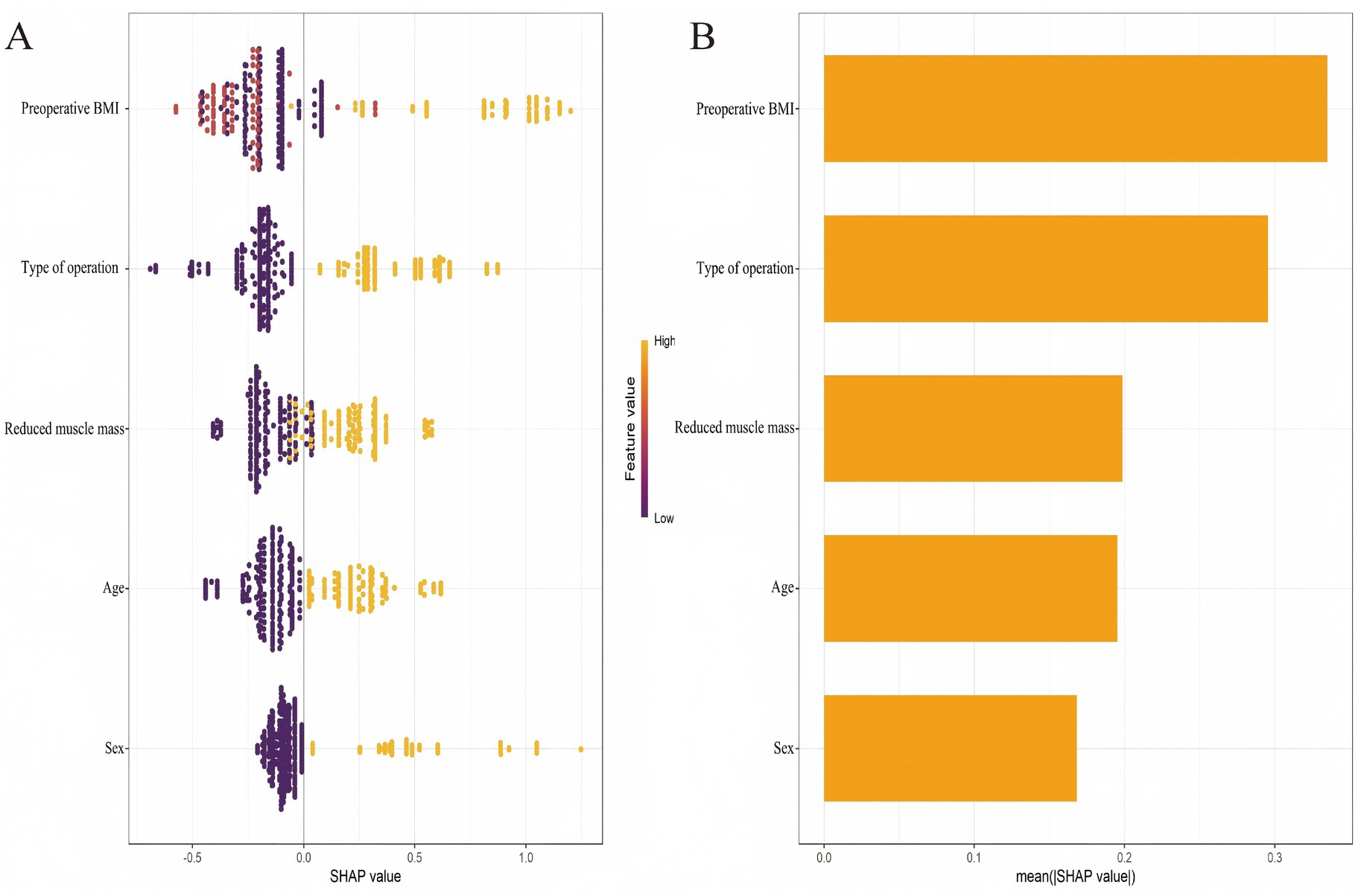 Panel A shows a scatter plot with SHAP values for five features: preoperative BMI, type of operation, reduced muscle mass, age, and sex, with feature values color-coded from high to low. Panel B displays a bar chart indicating the mean SHAP value for the same features, highlighting preoperative BMI as the most influential factor.