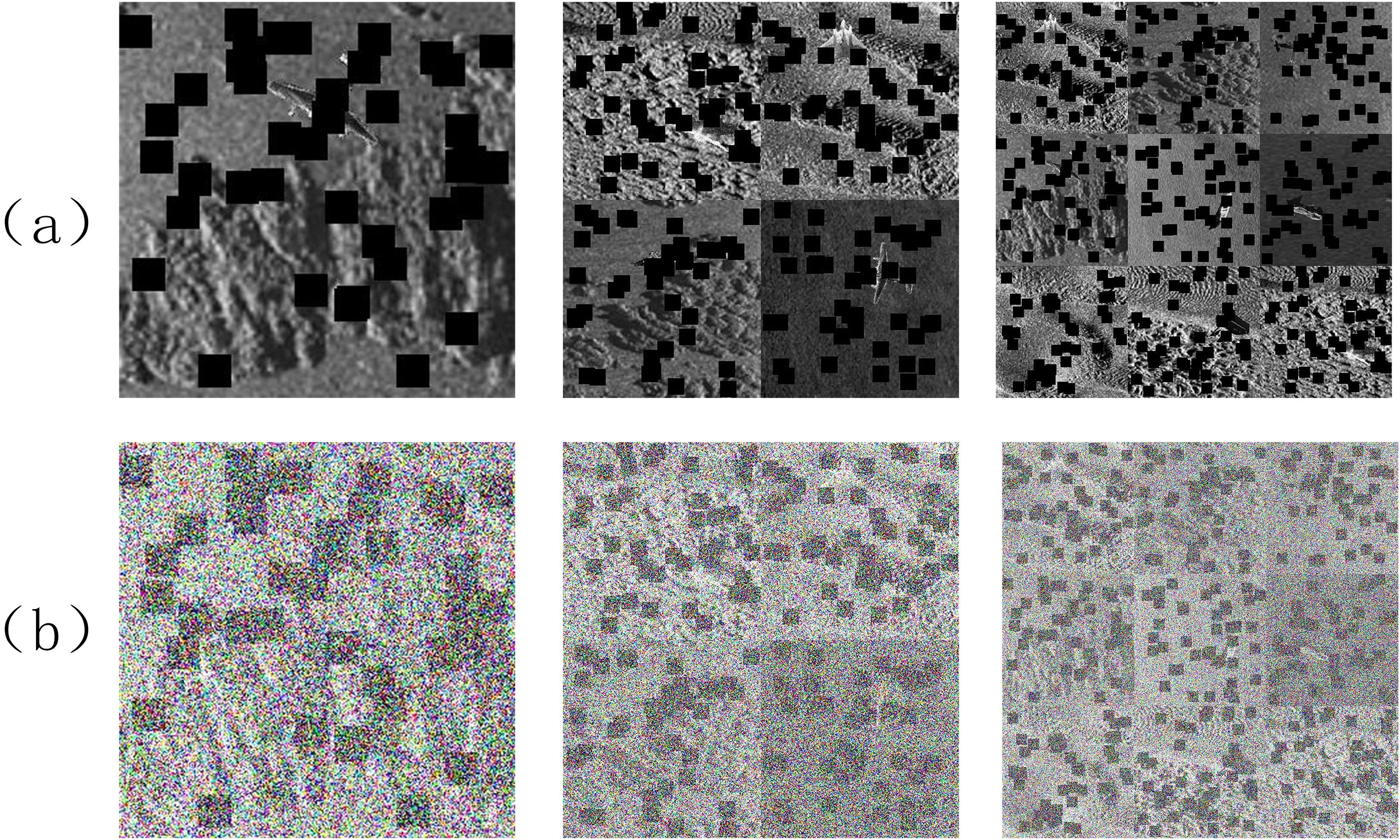 Six black and white images arranged in two rows. The top row labeled “a” shows three images with different densities of black squares obscuring grayscale landscapes. The bottom row labeled “b” depicts the same landscapes with colorful static noise patterns obscuring the images. The complexity and detail degrade progressively across the columns from left to right.