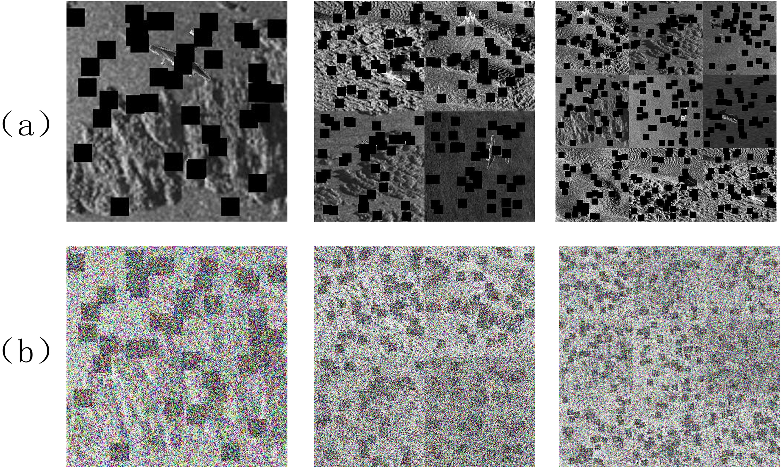 Six black and white images arranged in two rows. The top row labeled “a” shows three images with different densities of black squares obscuring grayscale landscapes. The bottom row labeled “b” depicts the same landscapes with colorful static noise patterns obscuring the images. The complexity and detail degrade progressively across the columns from left to right.