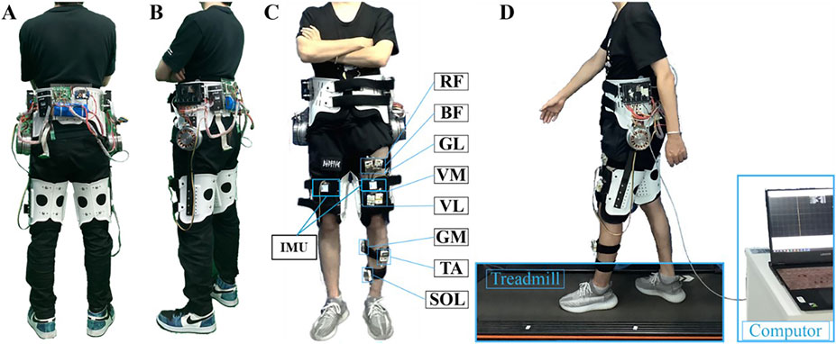 Four images labeled A to D show individuals wearing an exoskeleton system with sensors and electronics on the lower body. Image D includes a side view of a person using the exoskeleton on a treadmill, connected to a computer.