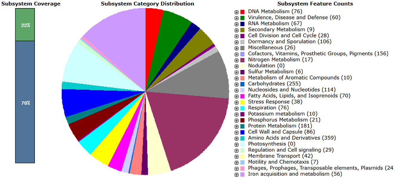 Pie chart showing subsystem category distribution alongside a vertical bar for subsystem coverage. The pie chart features various colors representing categories like DNA Metabolism, Virulence, RNA Metabolism, and others, with numbers indicating feature counts. The vertical bar shows subsystem coverage, with 78% in blue and 22% in green. Categories are listed on the right with feature counts.