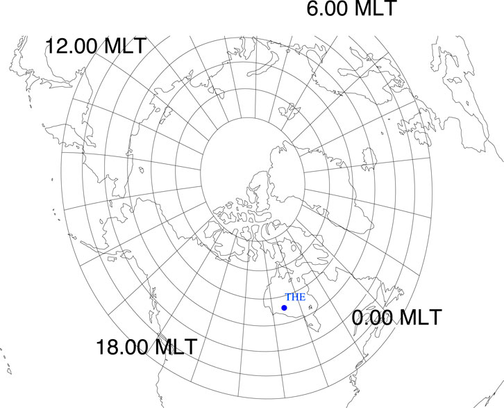 Polar map showing the Northern Hemisphere with magnetic local time zones labeled at six o'clock, twelve o'clock, eighteen o'clock, and zero o'clock. A blue dot marked