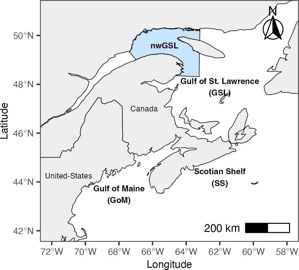 Map showing parts of Canada and the northeastern United States, highlighting the northwestern Gulf of St. Lawrence (nwGSL) in blue. Regions labeled include the Gulf of St. Lawrence (GSL), Gulf of Maine (GoM), and Scotian Shelf (SS). Latitude and longitude are marked, with a scale of 200 kilometers. A compass indicates north.