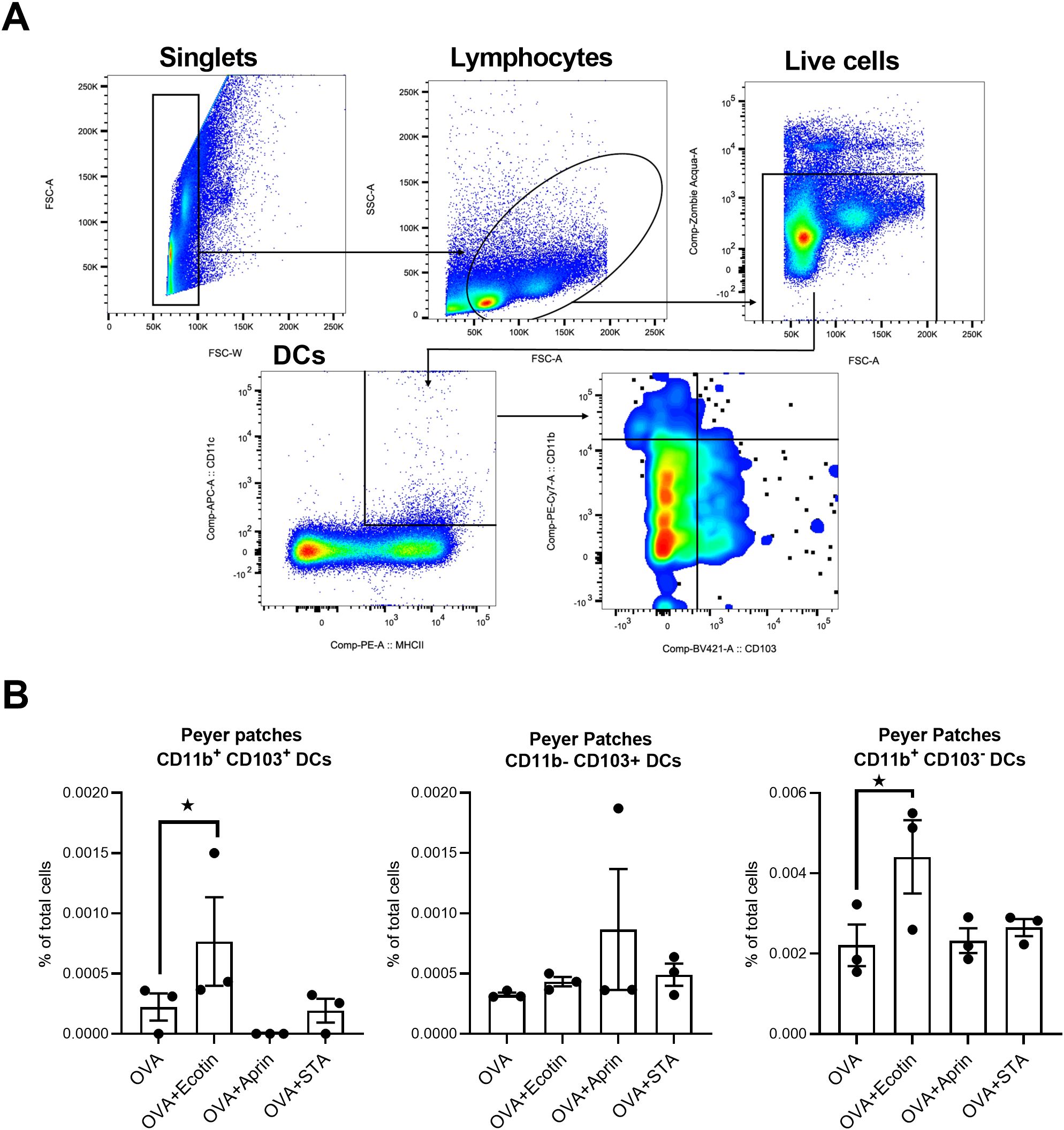 Panel A shows flow cytometry plots identifying singlets, lymphocytes, and live cells, followed by dendritic cells (DCs) characterized by specific markers. Panel B presents bar graphs illustrating the percentage of CD11b⁺CD103⁺ DCs in Peyer's patches with various treatments, showing significant differences marked by asterisks.