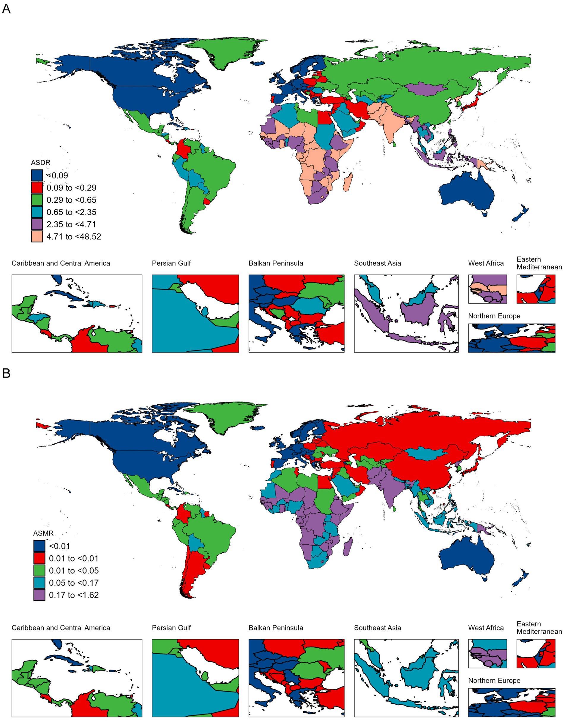 Two world maps labeled A and B display age-standardized death and mortality rates. Map A uses colors to represent varying ASDR (Age-Standardized Death Rates), ranging from less than 0.09 to 4.71-48.52. Map B shows ASMR (Age-Standardized Mortality Rates), ranging from less than 0.01 to 0.17-1.62. Insets provide detailed views of regions like the Caribbean, Persian Gulf, Balkan Peninsula, Southeast Asia, West Africa, Eastern Mediterranean, and Northern Europe.
