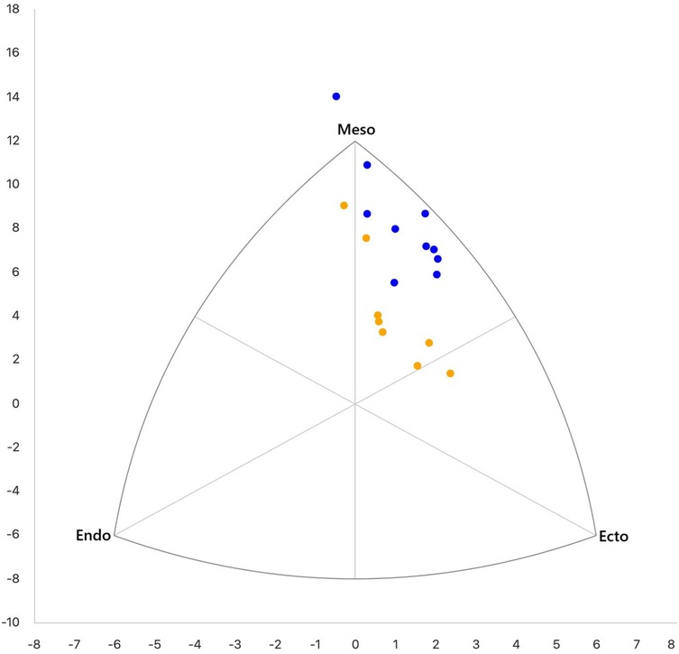 Somatotype profiles of international (blue) and national (yellow) speed climbers.