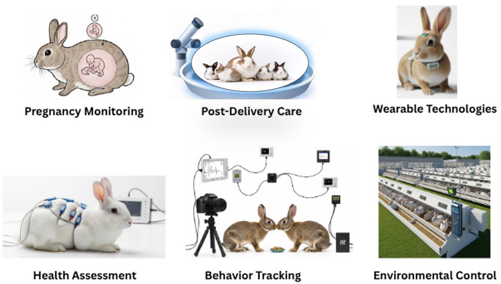 Illustration showing applications of technology in rabbit care. Top row: pregnancy monitoring with a diagram of a fetus, post-delivery care with a rabbit family under a microscope, and wearable technologies on a rabbit. Bottom row: health assessment with a rabbit connected to sensors, behavior tracking with two rabbits monitored by cameras and sensors, and environmental control featuring rabbits in automated enclosures.