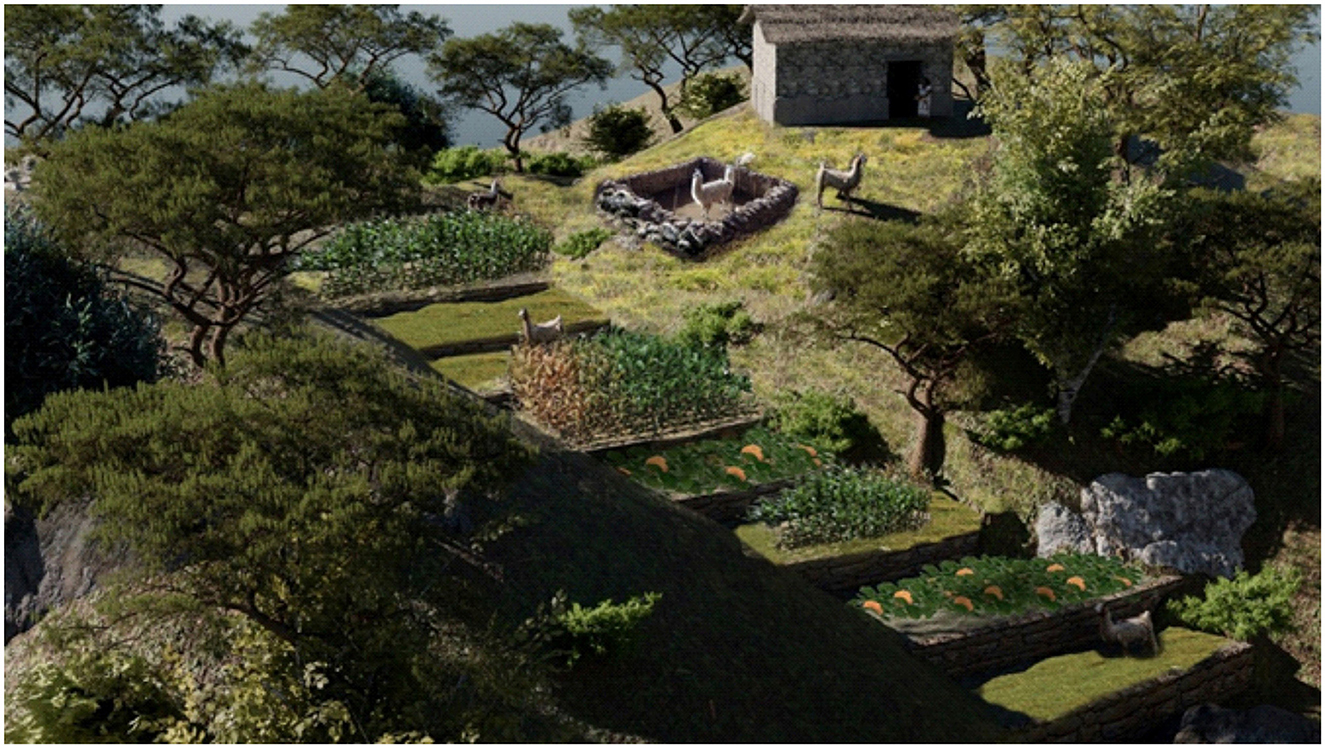 A hillside featuring terraced gardens with various crops, surrounded by trees. A small stone building sits at the top near domesticated animals, resembling alpacas or llamas, grazing in a pasture.