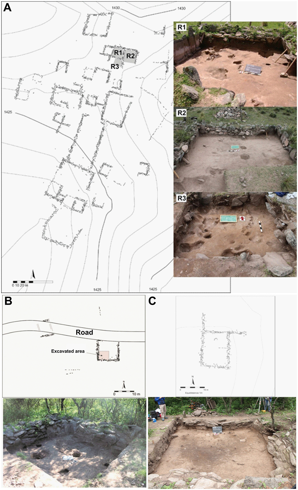 Map labeled “A” shows contours and three marked excavation areas: R1, R2, R3. Photos of R1, R2, R3 show rectangular excavation sites with exposed soil. Map “B” highlights “Camino” and “Área excavada” with a photo of an excavation site bordered by stones. Map “C” presents a structure layout, accompanied by a photo of another excavation area with stones outlining the perimeter.