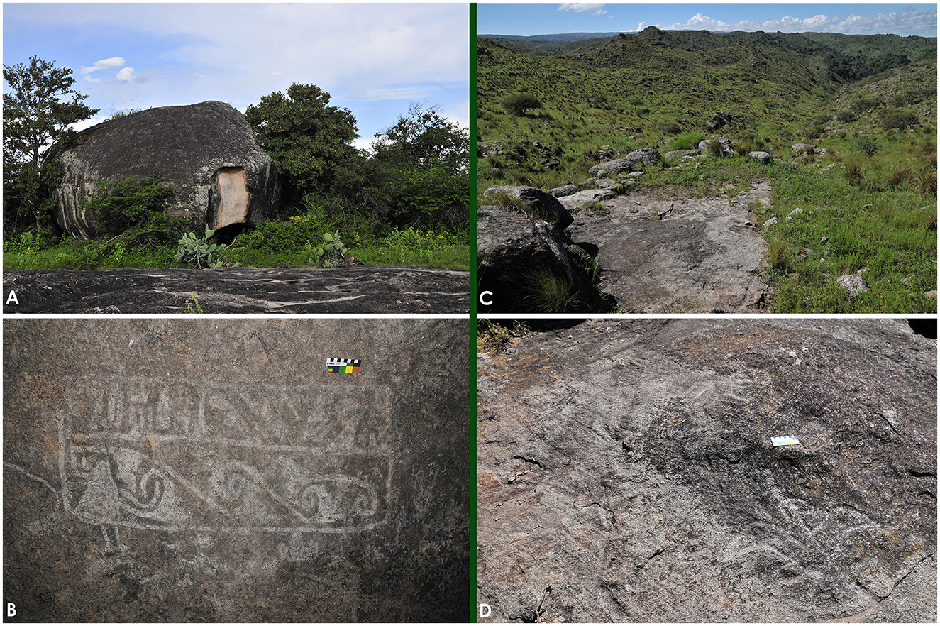 A collage of four images: A) A large rock sheltering an enclosed space, surrounded by vegetation. B) Close-up of a rock with ancient engravings and a measuring scale. C) A sprawling grassy landscape with rocks and distant hills. D) A rock surface with slight engravings and a measuring scale placed on top.