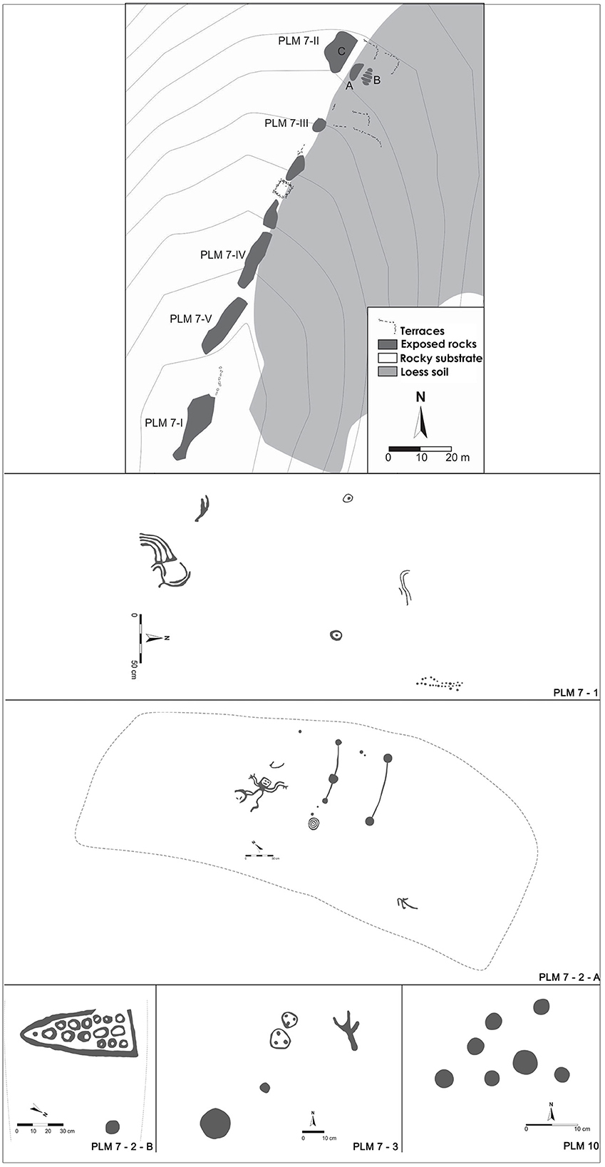 Topographic map and detailed site plans show excavation areas labeled PLM 7-I through PLM 7-VII. Shaded regions represent terraces, exposed rocks, rocky substrates, and loess soil. Insets detail specific areas with archaeological findings, marked by various symbols and scale bars for reference. The map includes a north arrow and distance scales in meters or centimeters, providing precise location details.