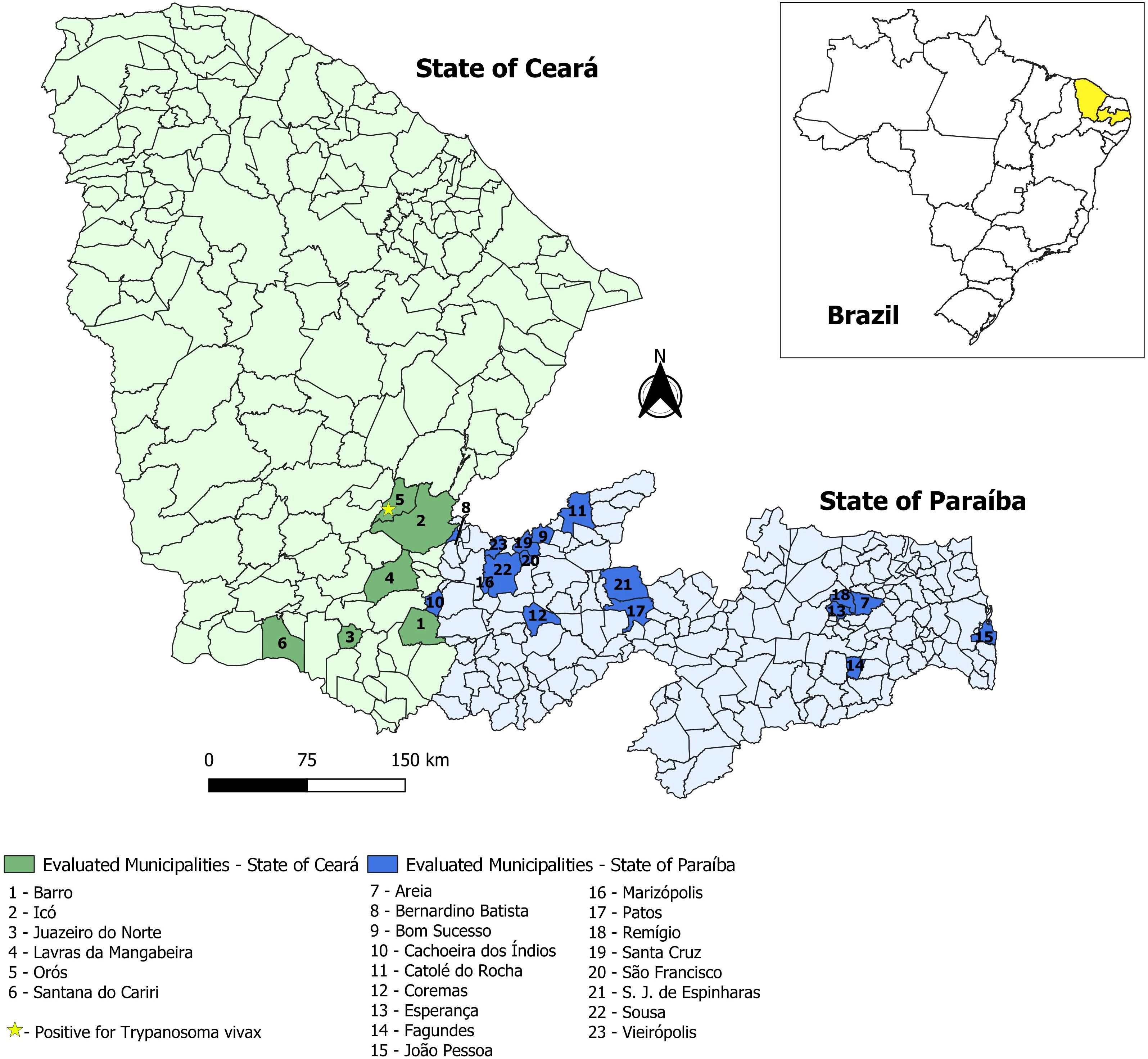 Map showing municipalities evaluated for Trypanosoma vivax in Ceará and Paraíba, Brazil. Ceará municipalities are in green, Paraíba in blue. Key locations marked: Barro, Icó, and others. A highlighted star indicates a positive result in one area. Contains an inset map of Brazil with the region highlighted.