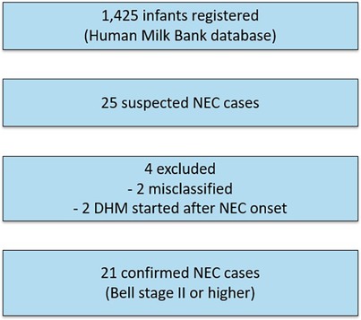 Flowchart showing data from the Human Milk Bank database. It starts with 1,425 infants registered. Of these, 25 cases of suspected necrotizing enterocolitis (NEC) were identified. Four cases were excluded: two were misclassified, and in two cases, donor human milk (DHM) was started after NEC onset. Finally, 21 cases were confirmed as NEC at Bell stage II or higher.