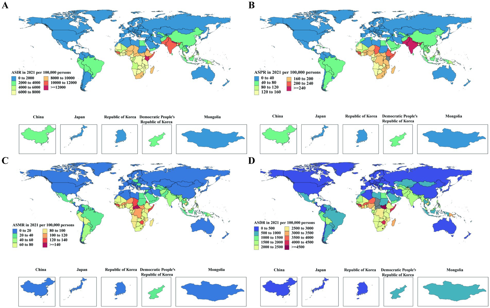 Four world maps labeled A, B, C, and D, each showing different metrics per 100,000 persons using color codes. A) ASIR 2021, B) ASPR 2021, C) ASMR 2021, D) ASDR 2021. The maps include regional close-ups of China, Japan, Republic of Korea, Democratic People's Republic of Korea, and Mongolia. The color spectrum ranges from blue to red, representing varying rates.