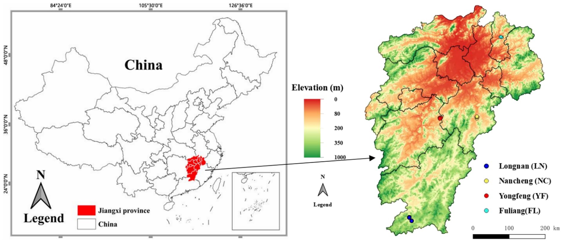 Map showing Jiangxi province in China, highlighted in red on the left. On the right, a detailed map of Jiangxi shows elevation with a color gradient from green (0 meters) to red (1000 meters). Key locations are marked with dots: Longnan (blue), Nancheng (yellow), Yongfeng (red), and Fuliang (cyan). A scale and legend are included.