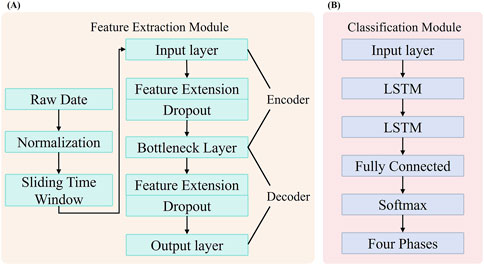 Diagram showing two modules, (A) Feature Extraction and (B) Classification. In (A): Raw data goes through Normalization, Sliding Time Window, then an Input layer. It follows with Feature Extension Dropout, Bottleneck Layer, another Feature Extension Dropout, and ends at an Output layer. In (B): Input layer, two LSTM layers, Fully Connected, Softmax, and Four Phases.
