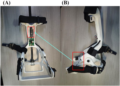 Two images labeled A and B of a white wearable mechanical device with black straps. Image A shows an internal circuit board, highlighted by a red box, with straps and fasteners visible. Image B focuses on the side profile, highlighting a section of the device with a red box and connected black strap. A line connects the highlighted areas of both images.