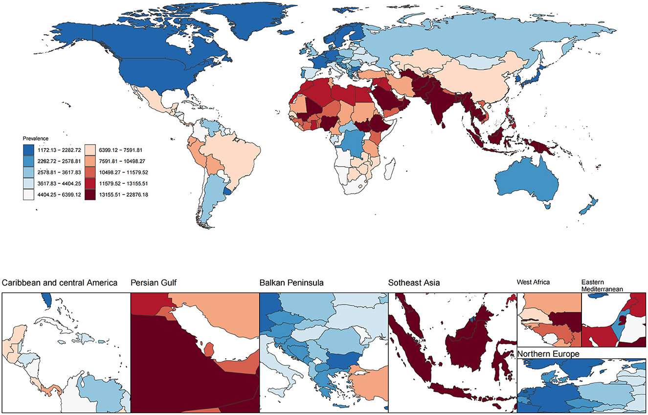 World map displaying disease prevalence, color-coded in shades ranging from blue (lower prevalence) to red (higher prevalence). Blue indicates low prevalence in North America, Western Europe, and Australia. Red highlights high prevalence in Africa, the Middle East, and Southeast Asia. Insets show detailed views of specific regions: Caribbean, Persian Gulf, Balkan Peninsula, Southeast Asia, West Africa, Eastern Mediterranean, and Northern Europe, emphasizing variations in prevalence within these areas.