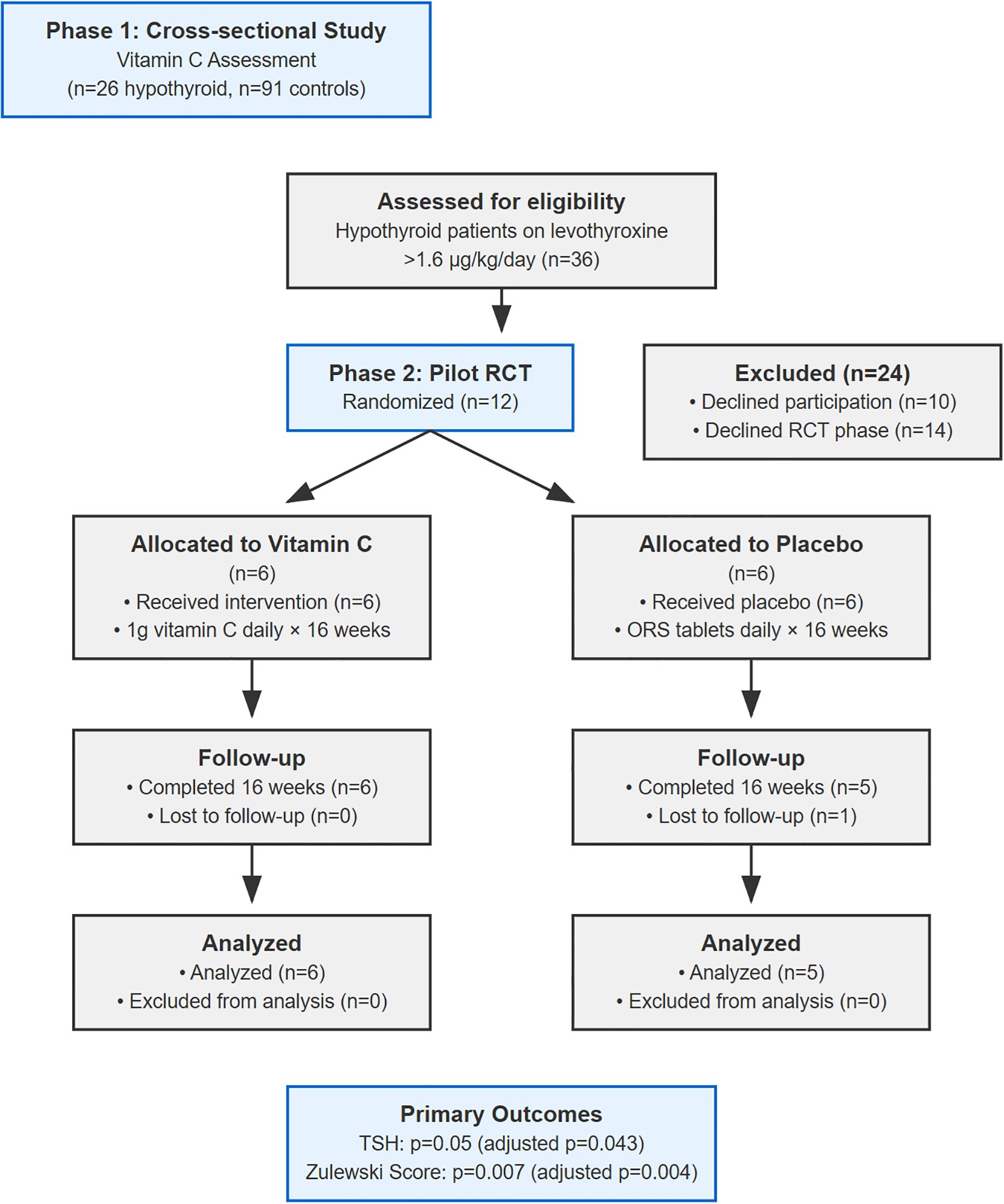 Flowchart depicting a study design with two phases. Phase 1 is a cross-sectional study assessing vitamin C in 26 hypothyroid and 91 control participants. Phase 2 is a pilot randomized controlled trial with 36 hypothyroid patients on levothyroxine assessed; 24 were excluded, and 12 randomized. Six were allocated to vitamin C and received the intervention; six were given a placebo. Follow-up showed all vitamin C participants completed 16 weeks; one placebo participant was lost. All were analyzed. Primary outcomes were TSH and Zulewski Score changes, with adjusted p-values provided.