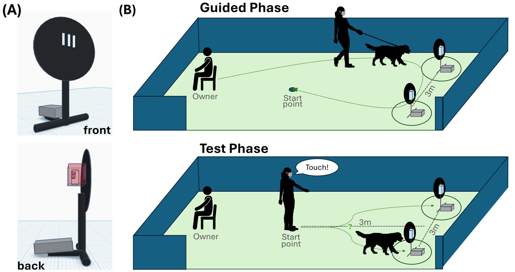 Diagram illustrating two phases of a dog testing experiment. (A) shows a device with a circular front and a box at the base. (B) depicts a “Guided Phase” and “Test Phase”. The Guided Phase shows a person leading a dog on a leash towards two devices, each three meters apart, while an owner sits nearby. The Test Phase shows the dog navigating independently towards the devices, guided by verbal cues.