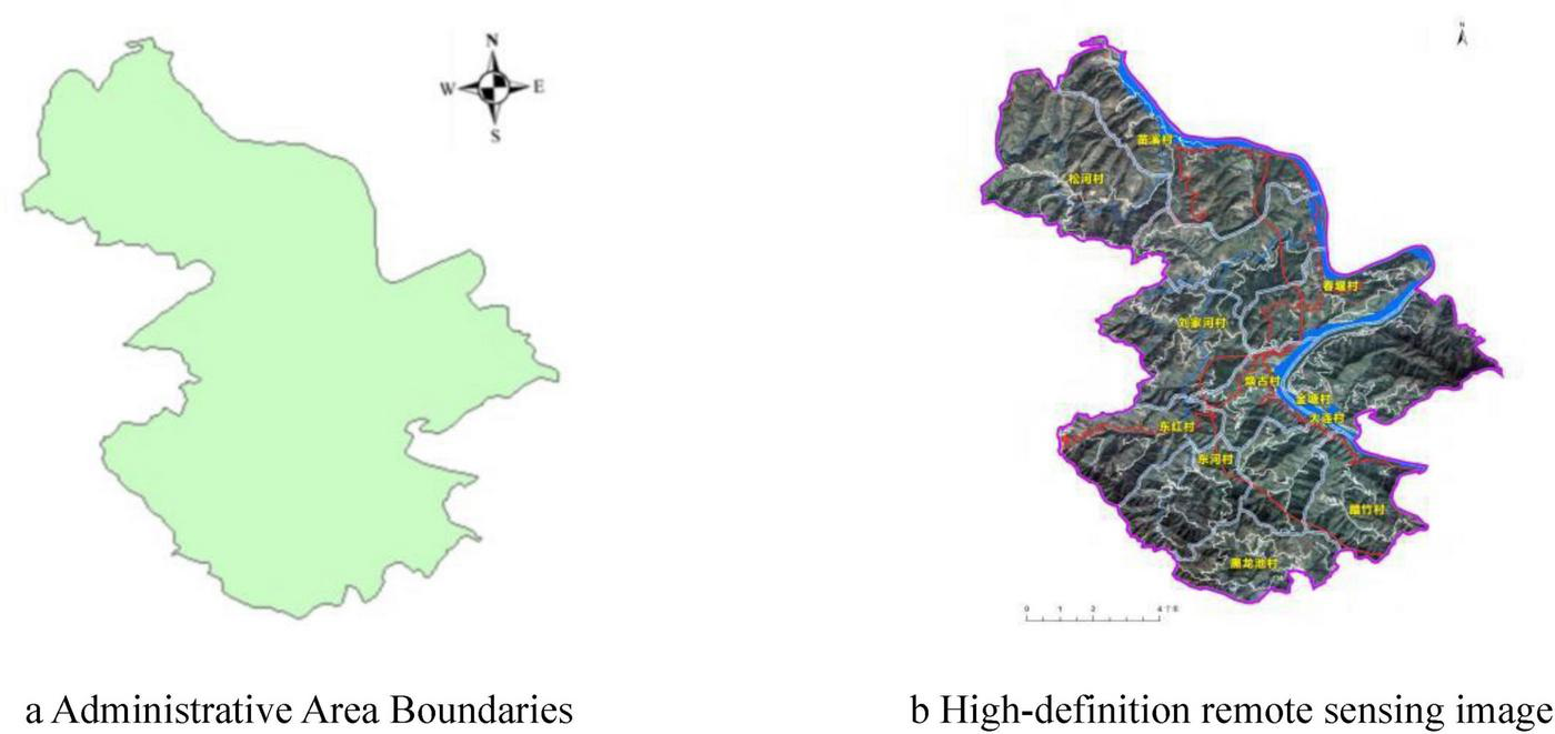 Two maps showing the geographical information of the study area, Huangu Town. (a) The boundary shapefile data of Huangu Town. (b) A high-resolution remote sensing image of Huangu Town, displaying detailed terrain features with clearly labeled roads and water bodies.