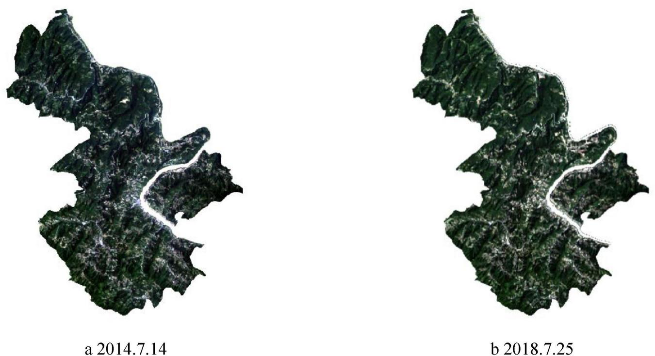 Results of preprocessing the remote sensing imagery for the study area (including radiometric calibration, atmospheric correction, geometric correction, water mask, and image cropping). (a) Image from July 14, 2014. (b) Image from July 25, 2018.