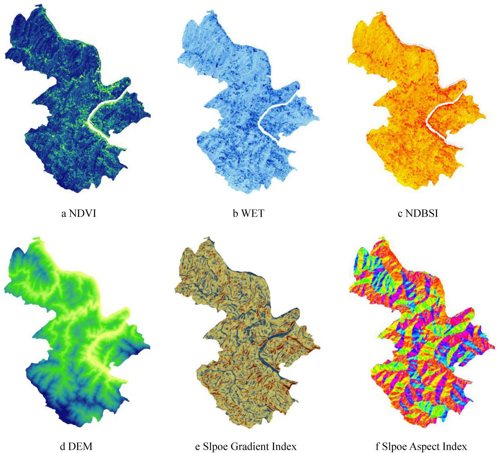 Six maps visualizing different geographical indices for Huangu Town: (a) NDVI, (b) WET, (c) NDBSI, (d) DEM, (e) Slope Gradient, and (f) Slope Aspect. Each map outlines the same area, using distinct color schemes to highlight data characteristics for the relevant indices.