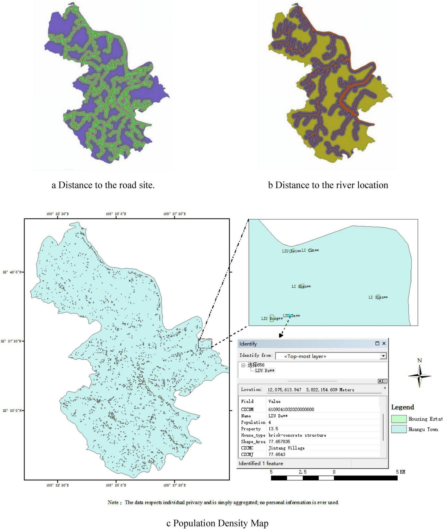 Three maps reflecting social indicators in the study area: (a) Distance from human activity areas to roads, (b) Distance from human activity areas to rivers, and (c) Population density (green patches indicating settlements, with an enlarged inset and a data box detailing location attributes).