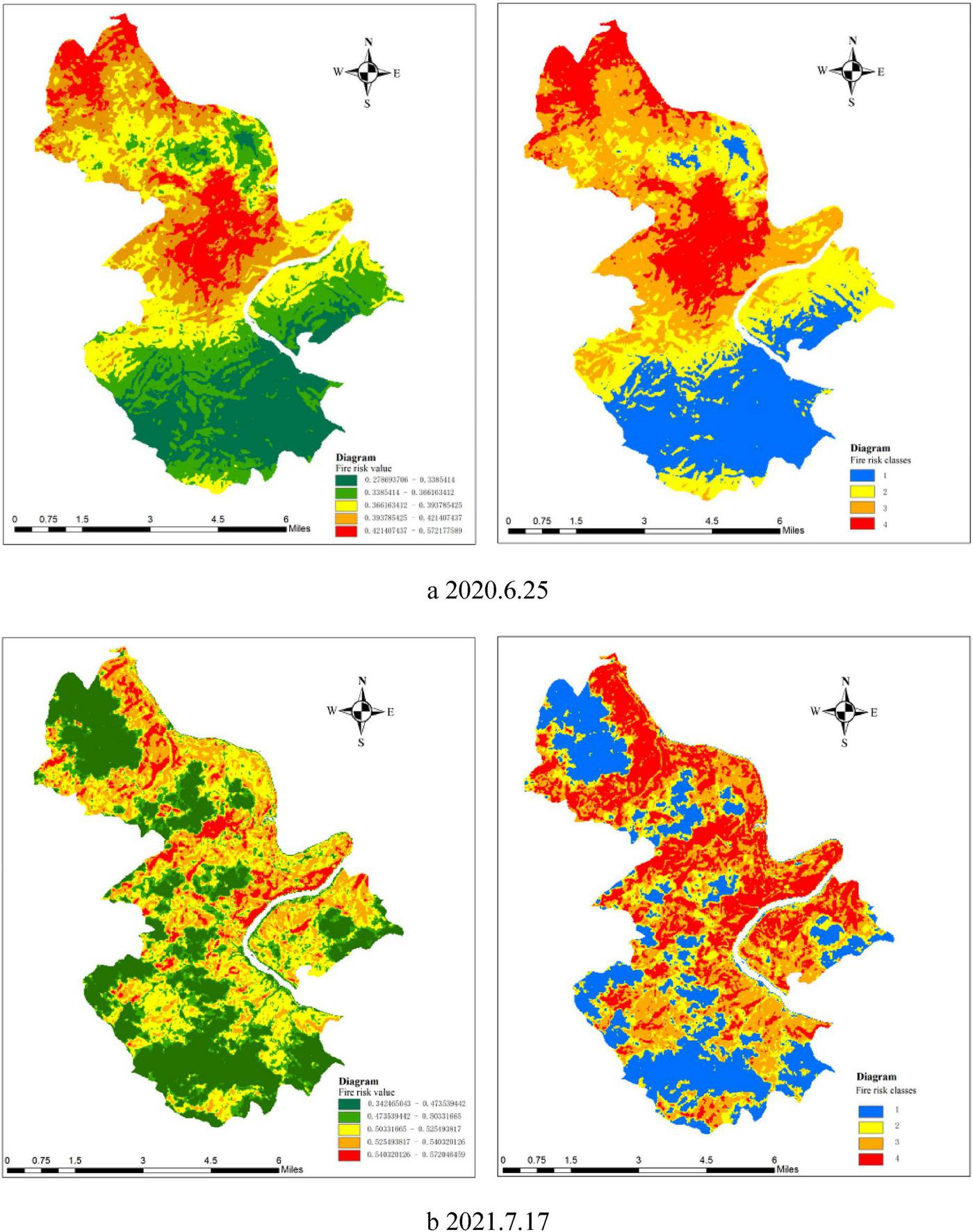 A comparison of fire risk values and their reclassified levels in Huangu Town on two different dates. (a) Fire risk and classification for June 25, 2020. (b) Fire risk and classification for July 17, 2021. The color scale represents risk levels: blue for low risk, yellow for general risk, orange forhigher risk, and red for significant risk.
