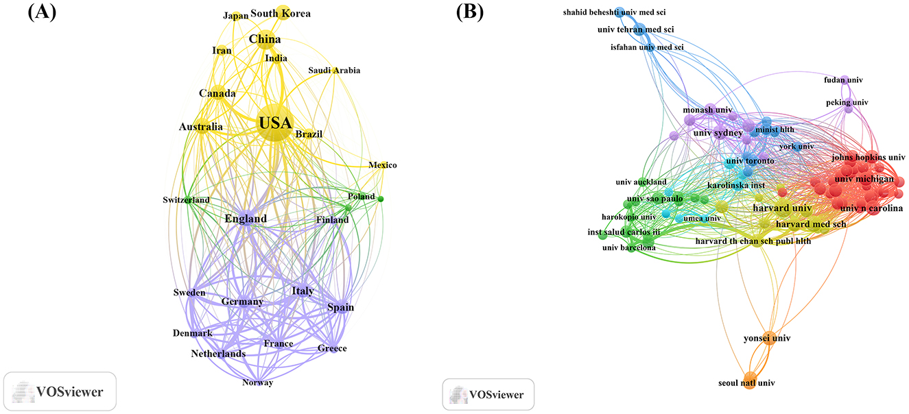 Two network visualizations illustrate collaborative relationships. (A) shows countries involved in academic collaborations, with the USA prominently central and connected to countries like China, England, and Germany. (B) displays universities involved in these collaborations, highlighting institutions like Harvard University and Johns Hopkins University as central nodes interconnected with others globally. Colored lines indicate different clusters of collaboration.