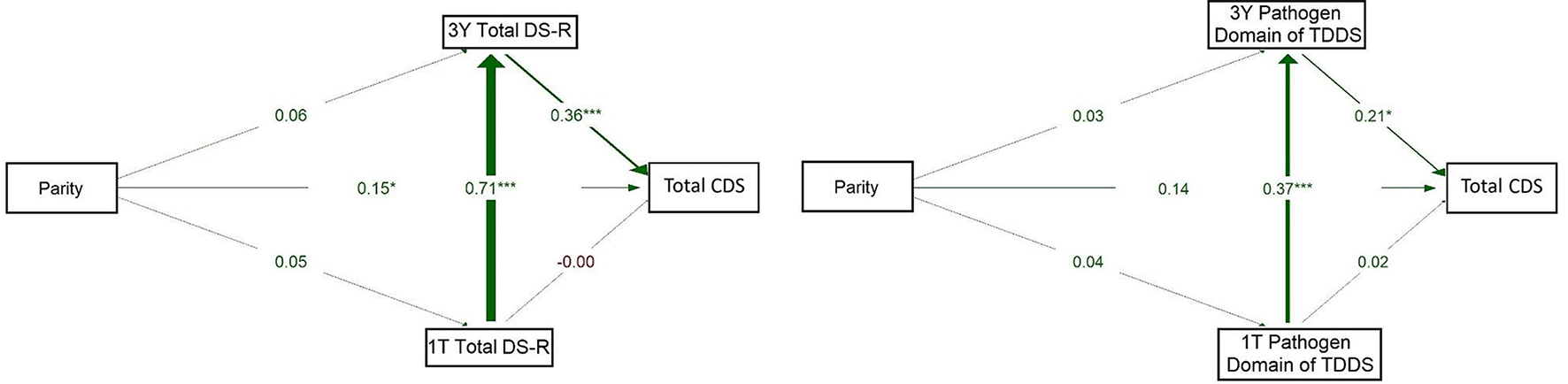 Two path diagrams showing longitudinal associations between maternal pathogen disgust (Total DS-R on the left and Pathogen domain of TDDS on the right) in the first trimester and 3 years postpartum, parity, and children's disgust sensitivity (Total CDS). Total DS-R and Pathogen domain of TDDS in the first trimester significantly predicted maternal disgust sensitivity 3 years postpartum, and maternal disgust sensitivity 3 years postpartum significantly predicted Total CDS. Parity significantly predicted Total CDS in the model on the left (Total DS-R).