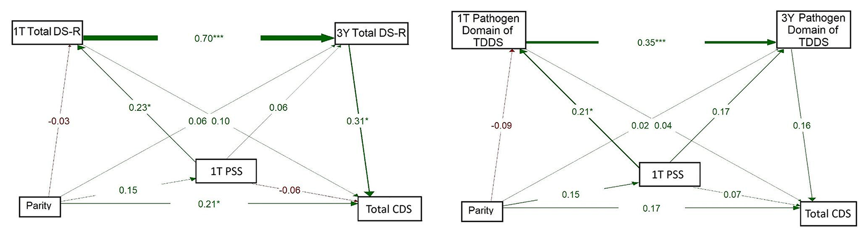 Two path diagrams showing longitudinal associations between maternal pathogen disgust (Total DS-R on the left and Pathogen domain of TDDS on the right) in the first trimester and 3 years postpartum, parity, maternal perceived stress in the first trimester, and children’s disgust sensitivity (Total CDS). Total DS-R and Pathogen domain of TDDS in the first trimester significantly predicted maternal disgust sensitivity 3 years postpartum, and Total DS-R, but not Pathogen domain of TDDS, at 3 years postpartum significantly predicted Total CDS. Parity significantly predicted Total CDS in the model on the left (Total DS-R), and perceived stress significantly predicted maternal pathogen disgust in the first trimester in both models.