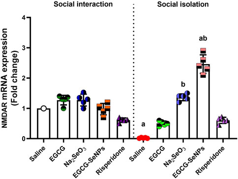 Bar graph illustrating NMDAR mRNA expression (fold change) under social interaction and social isolation conditions. Treatments include Saline, EGCG, Na2SeO3, EGCG-SeNPs, and Risperidone. Social isolation shows increased expression, notably with EGCG-SeNPs marked as significant with labels