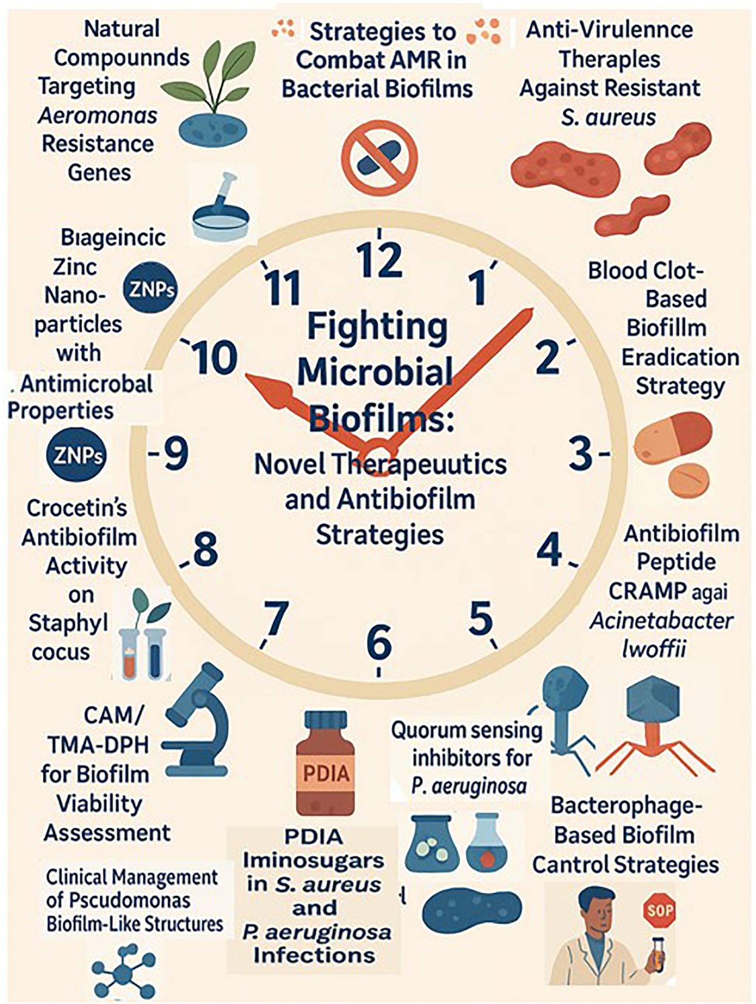 Infographic resembling a clock face, titled “Fighting Microbial Biofilms: Novel Therapeutics and Antibiofilm Strategies.” It highlights strategies around the circle, such as natural compounds targeting Aeromonas resistance genes, anti-virulence therapies, blood clot-based eradication strategies, antimicrobials, and quorum sensing inhibitors. Each strategy has associated symbols and images, like plants, petri dishes, bacteria, and laboratory tools, illustrating the concepts visually.