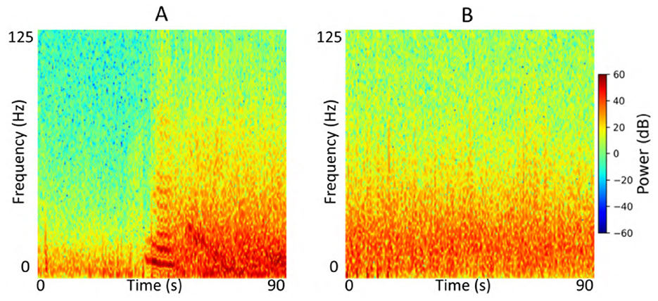 Two spectrograms labeled A and B show frequency versus time, with colors representing power levels in decibels. Spectrogram A displays increased intensity in the lower frequencies after 45 seconds, while B maintains consistent intensity throughout. The color scale ranges from blue (low power) to red (high power).