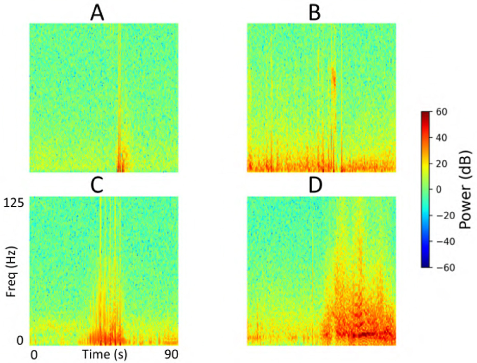 Spectrograms labeled A, B, C, and D display frequency versus time with color indicating power in decibels. Colors range from blue to red representing power from negative sixty to sixty decibels. Each graph shows variations in frequency intensity over time.