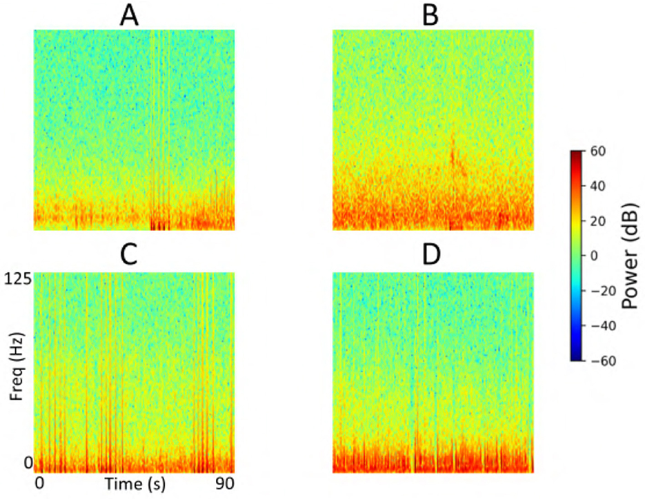 Four spectrogram plots labeled A, B, C, and D, display frequency in hertz on the y-axis and time in seconds on the x-axis. The color scale ranges from blue to red, indicating power levels in decibels from negative sixty to sixty.