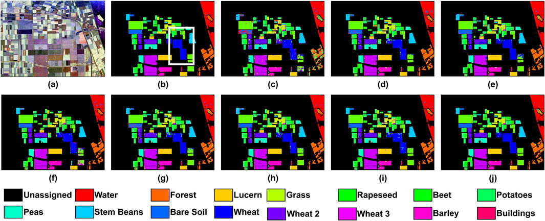 Satellite imagery and nine classification maps of agricultural land with various colors representing different land types. Colors include red for water, orange for forest, yellow for lucern, light green for rapeseed, yellow-green for grass, cyan for stem beans, blue for bare soil, dark purple for wheat two, light purple for wheat three, and more. Panel (a) shows the original satellite image, while panels (b) to (j) display classified maps, each illustrating different distribution patterns of the land types. A legend at the bottom identifies each color-coded category, aiding in the interpretation of land use.