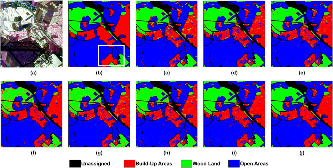 Satellite imagery and classification maps in two rows. Image (a) shows a satellite view of an area with diverse land features. Images (b) to (j) depict segmented maps using different color codes: red for build-up areas, green for woodland, blue for open areas, and black for unassigned regions. Each map image appears to apply a different classification method or level of detail.
