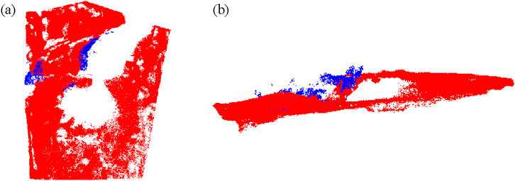 Two images labeled (a) and (b) depict density maps with red and blue points. Image (a) shows a vertical distribution primarily in red with blue clusters. Image (b) displays a horizontal distribution with a similar color pattern.