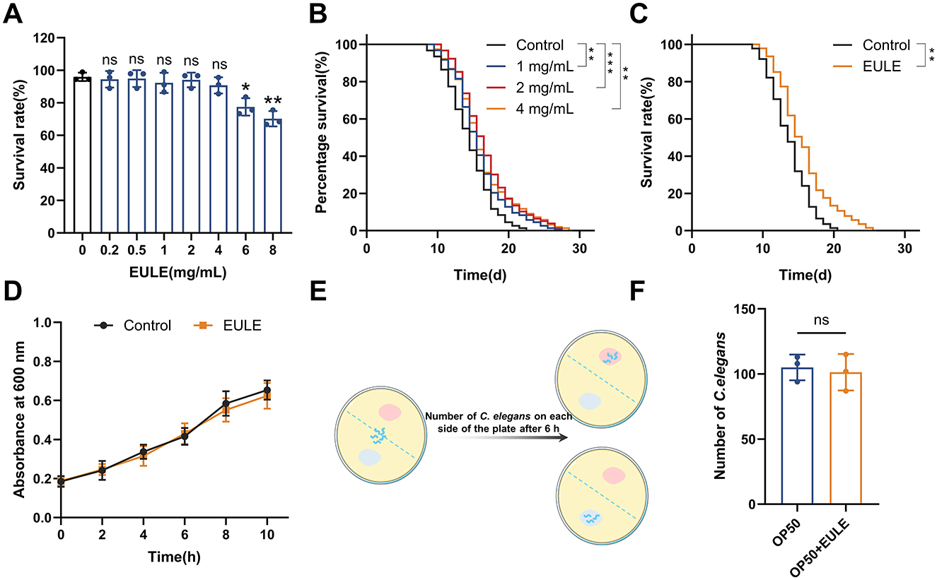 Grouped images with graphs and illustrations comparing control and EULE treatments on survival and growth. A: Bar graph showing survival rate with varying EULE concentrations. B: Survival percentage over time with different EULE doses. C: Survival rate comparison over time between control and EULE. D: Growth curve showing absorbance at 600 nm over time for control and EULE. E: Diagram illustrating the number of C. elegans on each side of a plate. F: Bar graph comparing the number of C. elegans between OP50 and OP50+EULE. Significance is indicated by stars; ns denotes not significant.