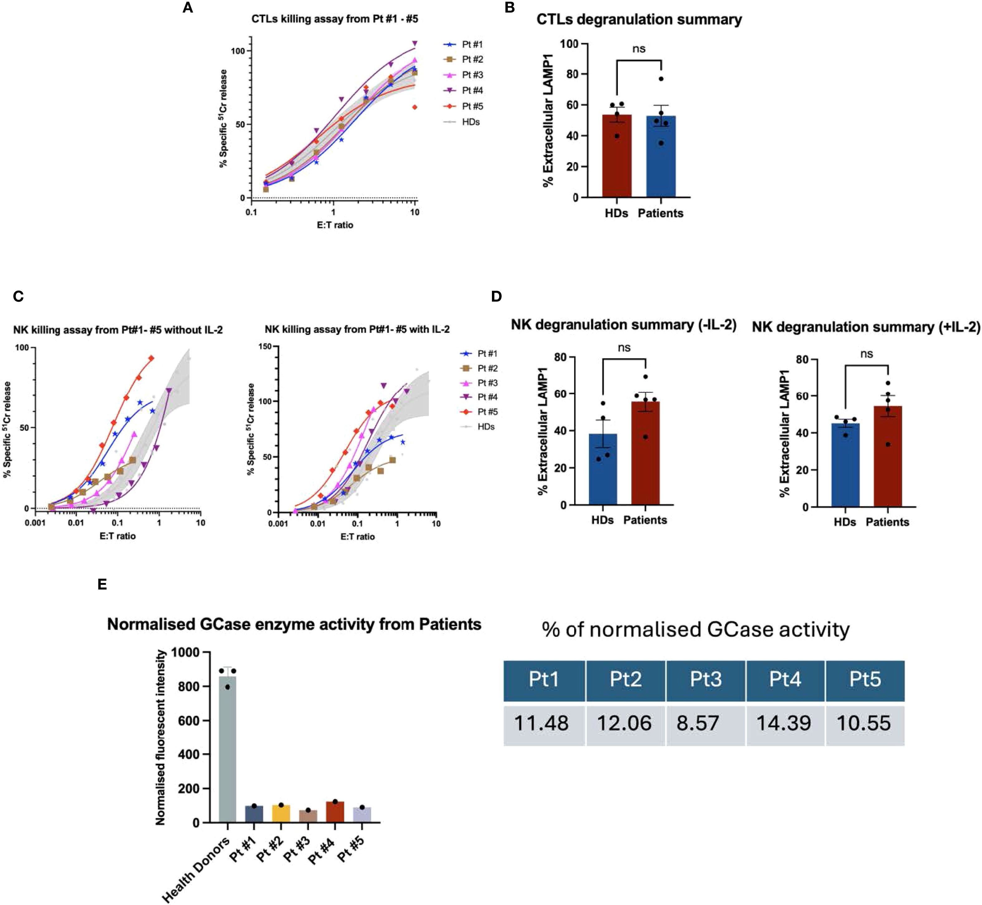 Grouped image consisting of five panels: A) Line graph showing the CTL killing assay comparing patients and healthy donors across various E:T ratios. B) Bar graph summarizing CTL degranulation with non-significant differences between healthy donors and patients. C) Two line graphs depicting NK cell killing assays with and without IL-2, comparing patients and healthy donors across E:T ratios. D) Bar graphs summarizing NK cell degranulation with and without IL-2, showing non-significant differences. E) Bar graph alongside a table indicating normalized GCase enzyme activity, higher in healthy donors compared to patients.