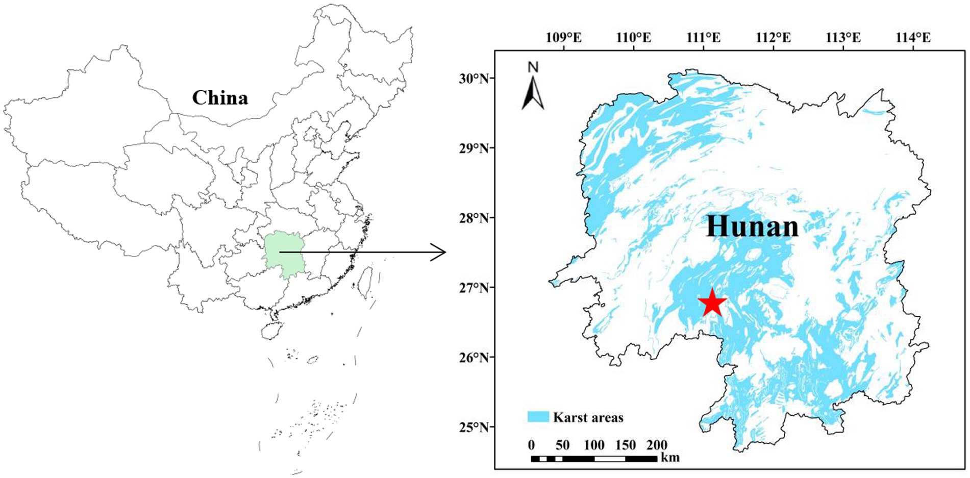 Map of China highlighting Hunan province. An inset on the right shows a detailed map of Hunan with its karst areas in light blue and a red star marking a specific location. Latitude and longitude lines are labeled around the inset.