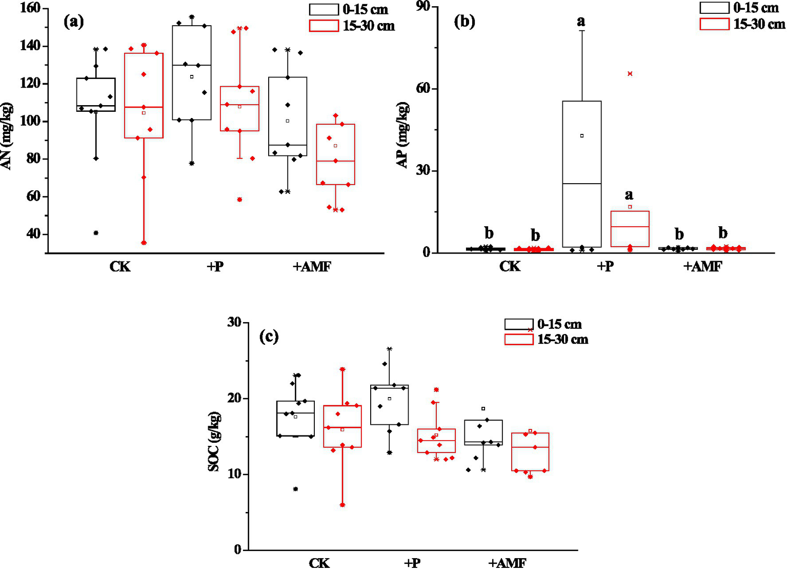 Boxplots displaying nutrient measurements in soil at depths of 0–15 cm and 15–30 cm. Panel (a) shows AN in mg/kg with treatments CK, +P, +AMF. Panel (b) shows AP in mg/kg with notable differences among treatments. Panel (c) shows SOC in g/kg with slight variations among treatments. The legend distinguishes depths with black and red colors.