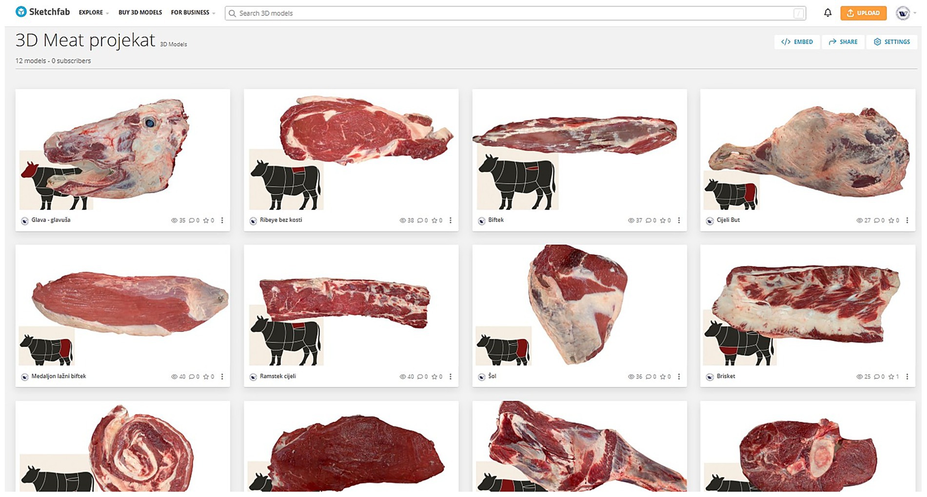 A grid of twelve 3D models of various meat cuts displayed on a website. Each model includes an image of the meat cut and its corresponding section on a cow diagram. The model names, such as